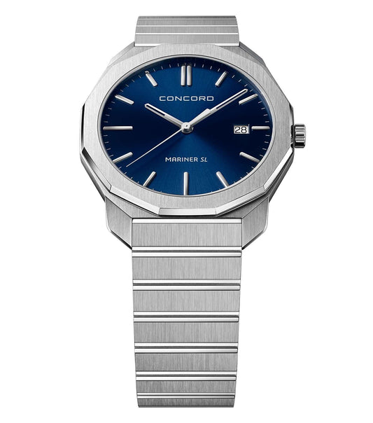 Stainless steel, 
blue dial