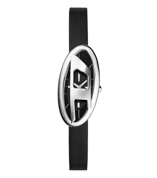 Diesel watch DZ5612 in black color, stylishly angled to display its bold round face, metallic strap, and sleek design.