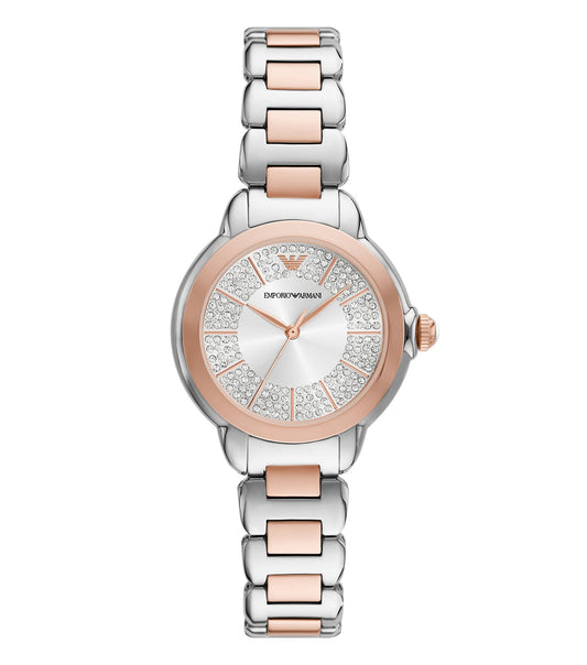 Elegant Emporio Armani quartz watch in a captivating beige hue, showcased at a slightly tilted angle on the wrist.