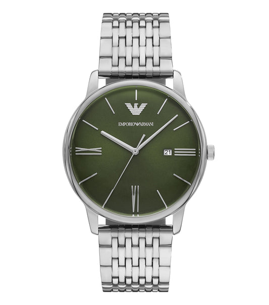 Emporio Armani Quartz Watch in serene color, angled view revealing sleek design, metallic accents, and luxurious band details.