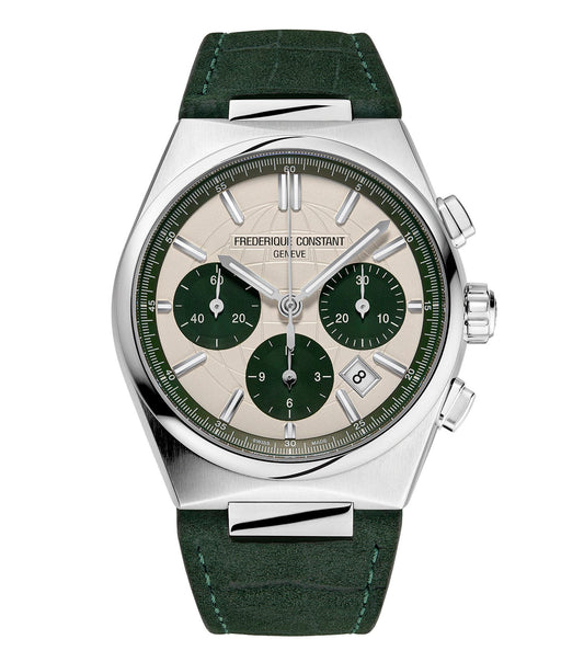 Frederique Constant silver and green watch, front angle view, showcasing elegant design for watch enthusiasts.