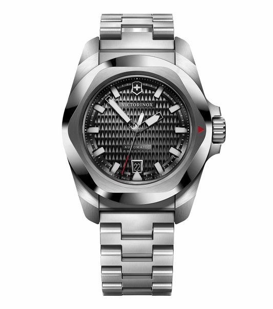 Victorinox Swiss Army steel color watch, front view; elegant timepiece with a sleek design, featuring metallic strap and round dial.